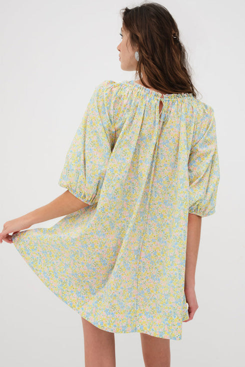 Charming Floral Print Frilled Half Sleeve U Neck A-Line Dress